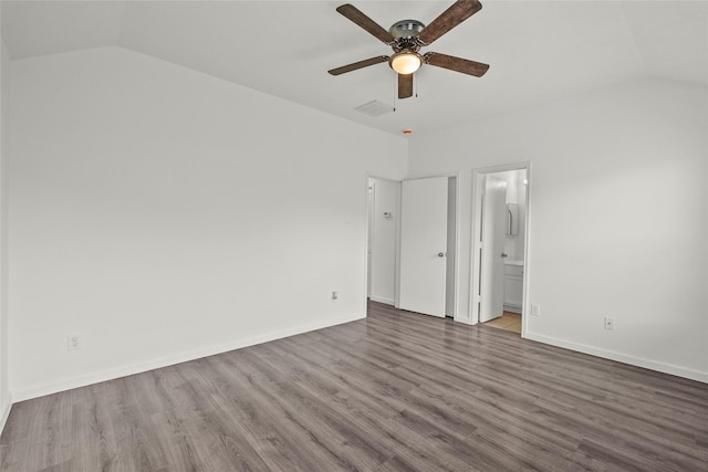 11007 View Pointe Ln, Houston, TX 77034 - unfurnished bedroom with lofted ceiling, wood finished floors, connected bathroom, and ceiling fan