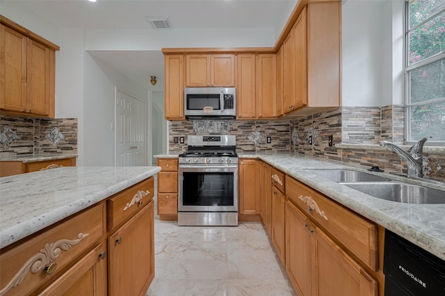1615 Monvale Ln, Sugar Land, TX 77479 - kitchen with stainless steel appliances, light stone countertops, tasteful backsplash, and light marble finish flooring