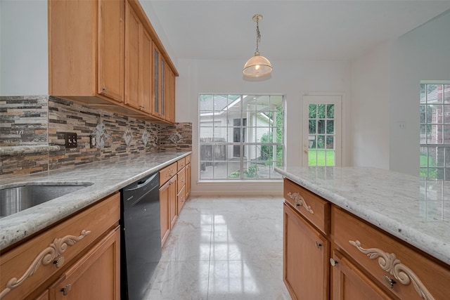 1615 Monvale Ln, Sugar Land, TX 77479 - kitchen with black dishwasher, light marble finish floors, tasteful backsplash, light stone counters, and brown cabinets