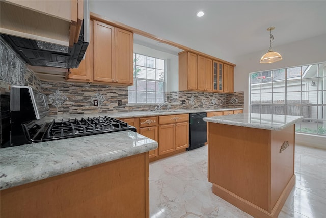 1615 Monvale Ln, Sugar Land, TX 77479 - kitchen with black appliances, ventilation hood, backsplash, light stone counters, and a kitchen island