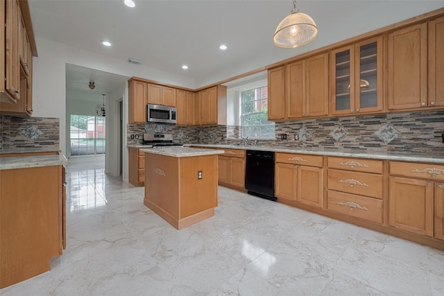 1615 Monvale Ln, Sugar Land, TX 77479 - kitchen with appliances with stainless steel finishes, tasteful backsplash, light marble finish flooring, glass insert cabinets, and recessed lighting