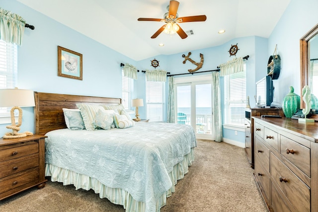 22831 Gulf Dr, Galveston, TX 77554 - bedroom featuring light colored carpet, vaulted ceiling, access to exterior, a ceiling fan, and recessed lighting