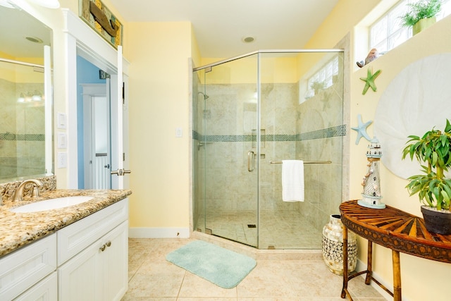 22831 Gulf Dr, Galveston, TX 77554 - bathroom featuring a shower stall, vanity, and tile patterned flooring