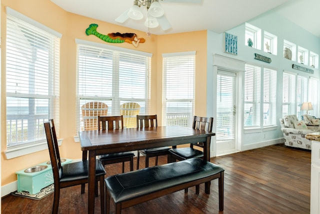 22831 Gulf Dr, Galveston, TX 77554 - dining space with a ceiling fan, dark wood-type flooring, and healthy amount of natural light