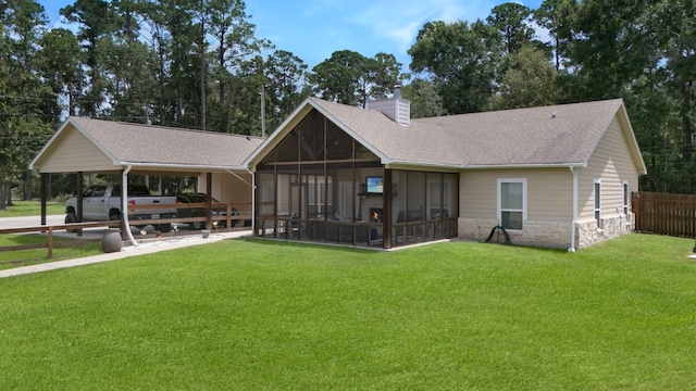 468 Brahman, Onalaska, TX 77360 - rear view of house featuring a sunroom, a chimney, stone siding, and roof with shingles