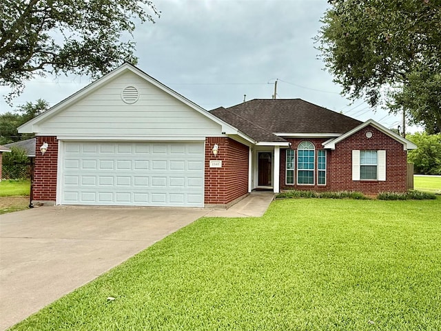 1140 Thomas Dr, Angleton, TX 77515 - ranch-style home with brick siding, a front lawn, driveway, a garage, and a shingled roof