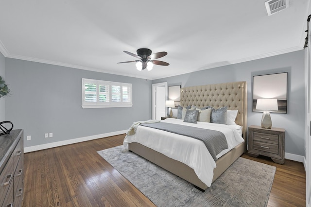 4310 Wigton Dr, Houston, TX 77096 - bedroom featuring ornamental molding, dark wood finished floors, and a ceiling fan