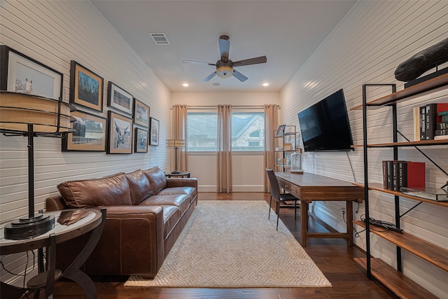 2418 Sandhill Crest Ln, Brookshire, TX 77423 - living area featuring ceiling fan, wood-type flooring, and wood walls