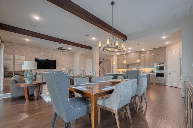 2418 Sandhill Crest Ln, Brookshire, TX 77423 - dining space featuring a ceiling fan, dark wood-type flooring, a chandelier, beamed ceiling, and recessed lighting