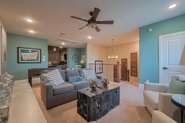 2418 Sandhill Crest Ln, Brookshire, TX 77423 - living area with attic access, light carpet, ceiling fan, a chandelier, and recessed lighting