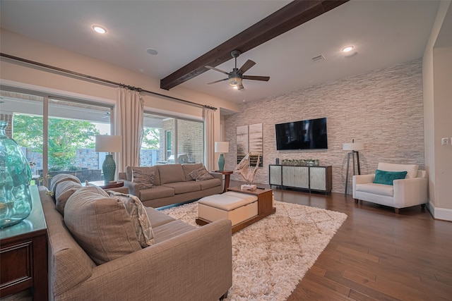 2418 Sandhill Crest Ln, Brookshire, TX 77423 - living area featuring ceiling fan, beam ceiling, dark wood-style floors, and recessed lighting