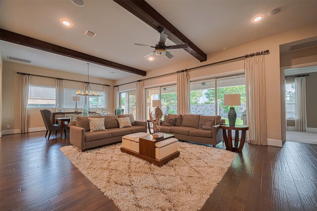 2418 Sandhill Crest Ln, Brookshire, TX 77423 - living area with beamed ceiling, plenty of natural light, dark wood finished floors, a ceiling fan, and recessed lighting
