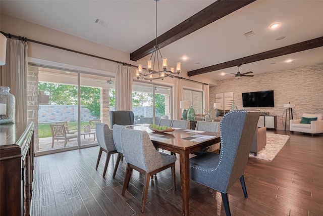 2418 Sandhill Crest Ln, Brookshire, TX 77423 - dining area with beam ceiling, a ceiling fan, dark wood finished floors, and a chandelier