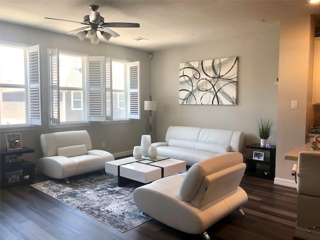 9470 Caddo Ridge Ln, Cypress, TX 77433 - living area featuring dark wood-type flooring and a ceiling fan