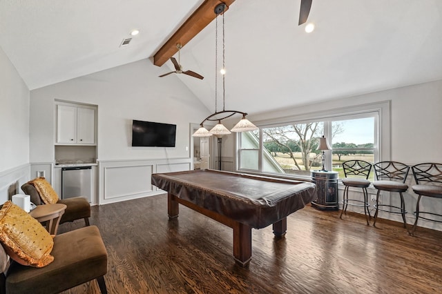 25 The Oval St, Sugar Land, TX 77479 - playroom with a ceiling fan, beam ceiling, dark wood-style floors, wainscoting, and billiards table