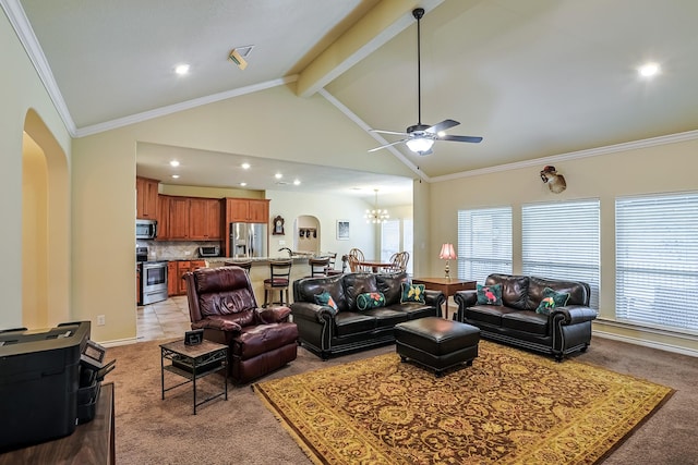 130 Canary Ln, Coldspring, TX 77331 - living room featuring arched walkways, ceiling fan, light colored carpet, a chandelier, and recessed lighting