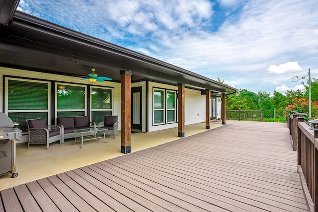 130 Canary Ln, Coldspring, TX 77331 - wooden deck with a ceiling fan and an outdoor hangout area
