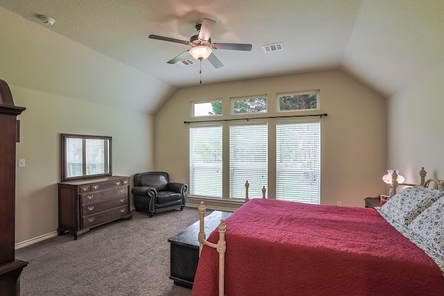 130 Canary Ln, Coldspring, TX 77331 - bedroom featuring lofted ceiling, carpet, and a ceiling fan