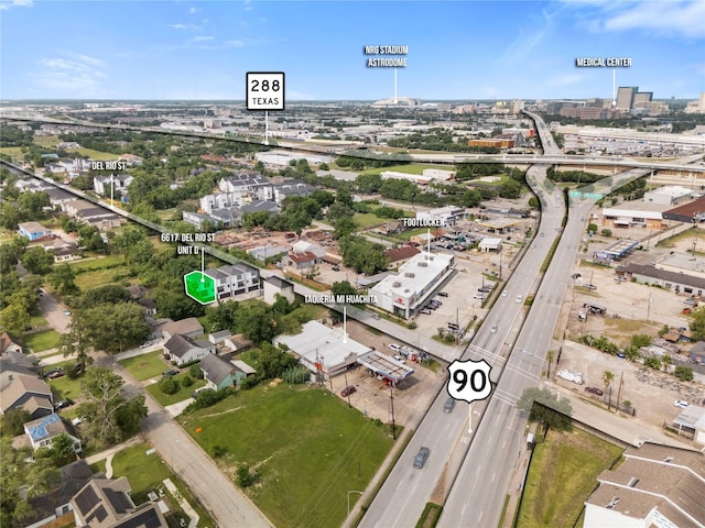 6617 Del Rio St Unit D, Houston, TX 77021 - aerial overview of property's location featuring a main thoroughfare and nearby urban area