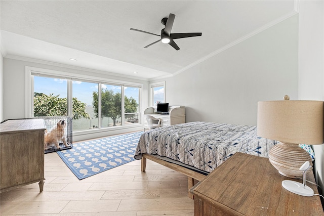 3114 Canterbury Ln, Montgomery, TX 77356 - bedroom with ornamental molding, lofted ceiling, light wood-type flooring, recessed lighting, and a ceiling fan