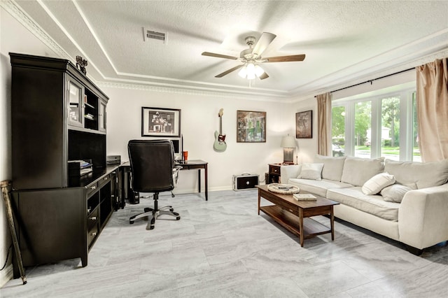 11715 Cypresswood Dr, Houston, TX 77070 - home office with ceiling fan, a textured ceiling, and ornamental molding