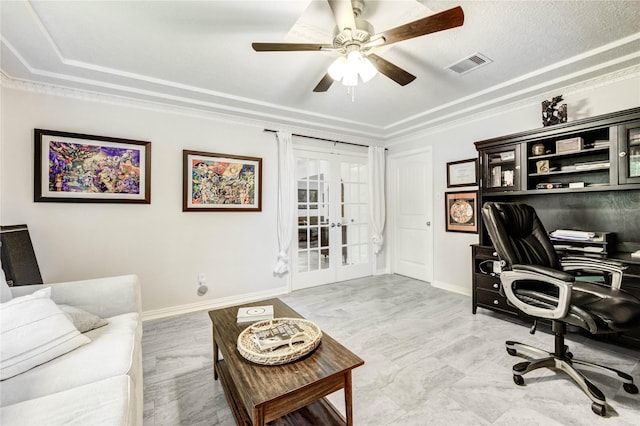 11715 Cypresswood Dr, Houston, TX 77070 - office with french doors, a tray ceiling, ceiling fan, and ornamental molding