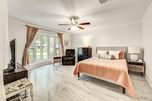 11715 Cypresswood Dr, Houston, TX 77070 - bedroom featuring crown molding, ceiling fan, and a textured ceiling
