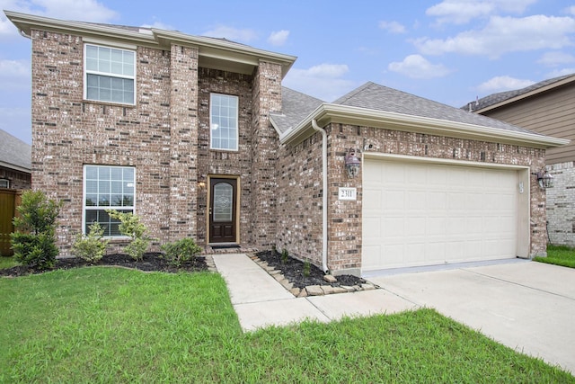2311 Langley Dr, Rosharon, TX 77583 - traditional-style home with driveway, brick siding, a garage, and a front yard