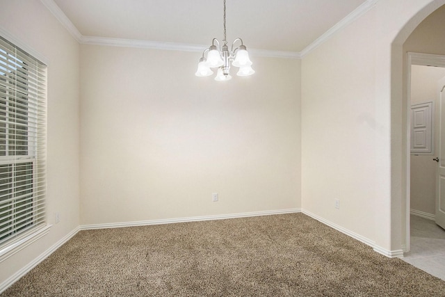 2311 Langley Dr, Rosharon, TX 77583 - spare room with arched walkways, carpet floors, ornamental molding, and a chandelier
