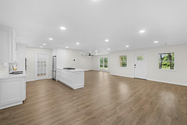 73 Fairway Dr, Normangee, TX 77871 - kitchen with open floor plan, stainless steel appliances, white cabinetry, light wood-style flooring, and plenty of natural light