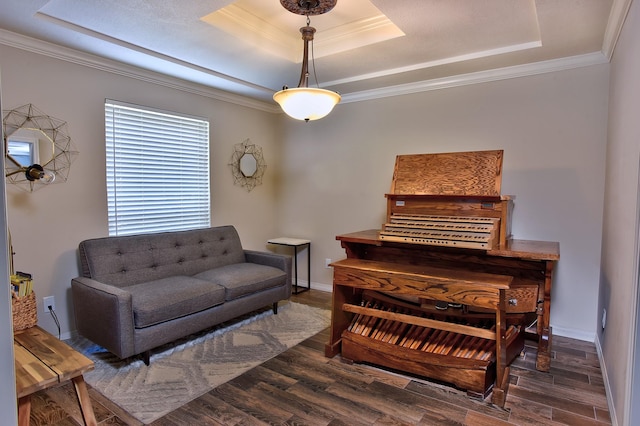5926 Lattimer Dr, Houston, TX 77035 - sitting room featuring a tray ceiling, wood finished floors, and crown molding