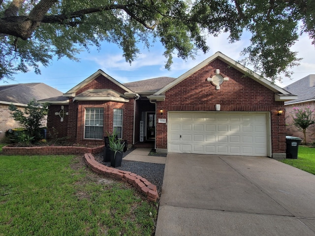 3214 Worthington Dr, Pearland, TX 77584 - single story home featuring concrete driveway, a garage, brick siding, and a front yard