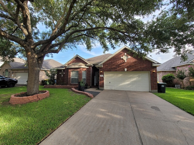 3214 Worthington Dr, Pearland, TX 77584 - single story home with brick siding, an attached garage, driveway, and a front lawn