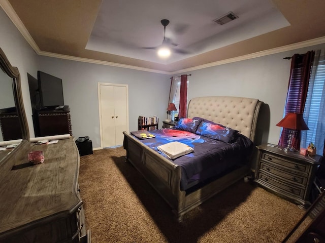 3214 Worthington Dr, Pearland, TX 77584 - bedroom featuring a raised ceiling, carpet flooring, crown molding, and ceiling fan