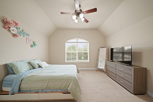 19831 Indigo Key Ct, Cypress, TX 77433 - bedroom with light colored carpet, lofted ceiling, and ceiling fan