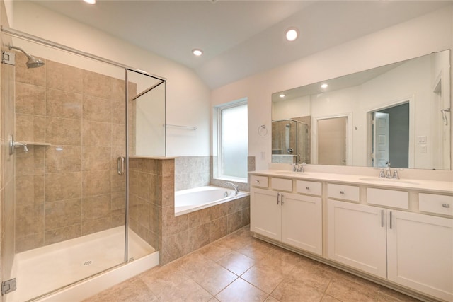 11442 Harmony Summit Trce, Richmond, TX 77406 - bathroom with a shower stall, double vanity, a garden tub, tile patterned flooring, and recessed lighting