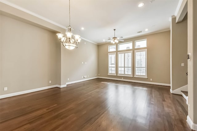 6107 Stillman St, Houston, TX 77007 - empty room with ceiling fan, recessed lighting, ornamental molding, dark wood finished floors, and a chandelier