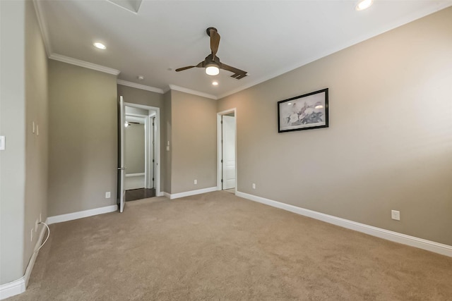 6107 Stillman St, Houston, TX 77007 - unfurnished bedroom with recessed lighting, light carpet, ornamental molding, and a ceiling fan