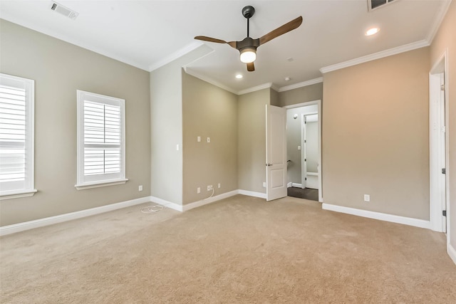 6107 Stillman St, Houston, TX 77007 - unfurnished bedroom featuring ornamental molding, light colored carpet, recessed lighting, and ceiling fan