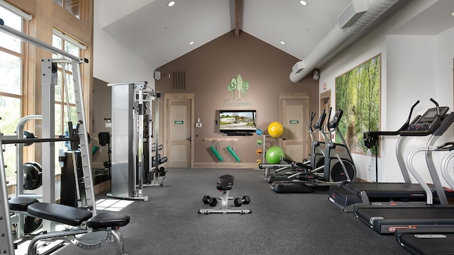 16834 Williams Gully Trl, Humble, TX 77346 - exercise room featuring high vaulted ceiling and beamed ceiling