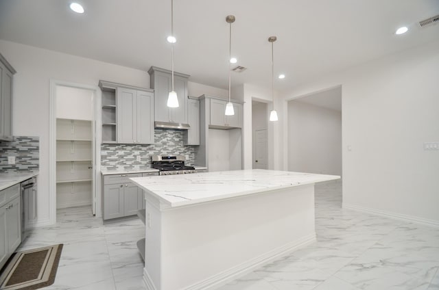 6514 Fraser Point Ct, Spring, TX 77379 - kitchen featuring gray cabinets, light marble finish flooring, stainless steel range oven, open shelves, and recessed lighting