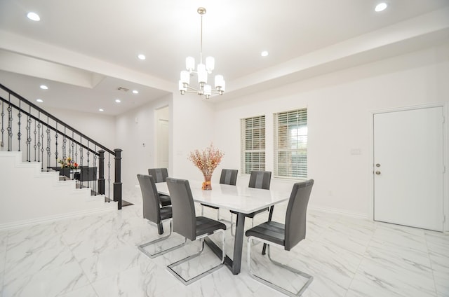 6514 Fraser Point Ct, Spring, TX 77379 - dining room with a chandelier, recessed lighting, stairway, and light marble finish floors