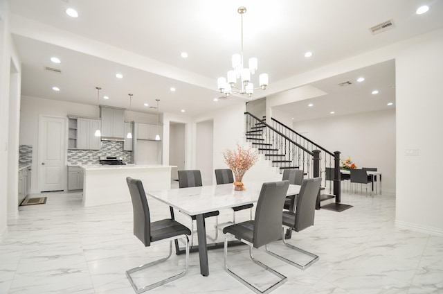 6514 Fraser Point Ct, Spring, TX 77379 - dining room with a chandelier, light marble finish floors, recessed lighting, and stairway
