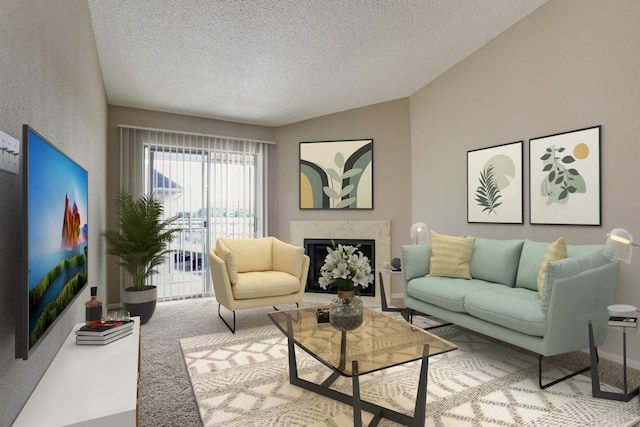 12550 Whittington Dr Unit 610, Houston, TX 77077 - living room featuring carpet floors, a textured ceiling, lofted ceiling, and a high end fireplace