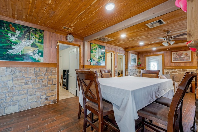 6009 Crane St, Houston, TX 77026 - dining room featuring wooden ceiling, wood finished floors, ceiling fan, wooden walls, and recessed lighting