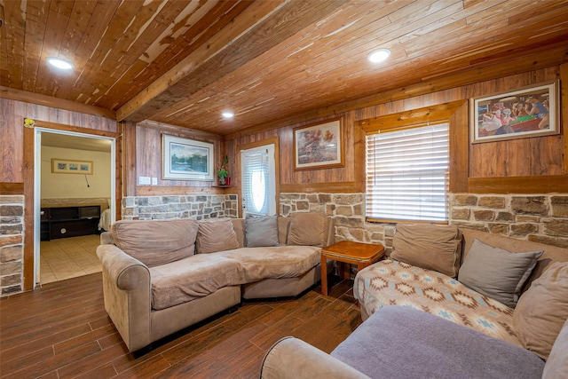 6009 Crane St, Houston, TX 77026 - living room featuring wood ceiling, dark wood-style flooring, and wood walls