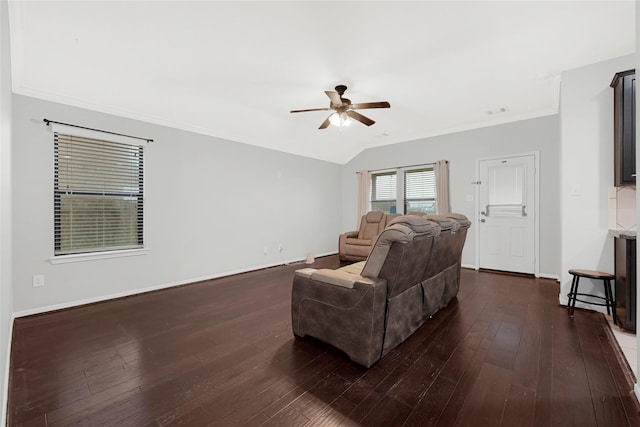 9002 Saint Laurent Ln, Houston, TX 77044 - living room with a ceiling fan, ornamental molding, dark wood-style flooring, and lofted ceiling