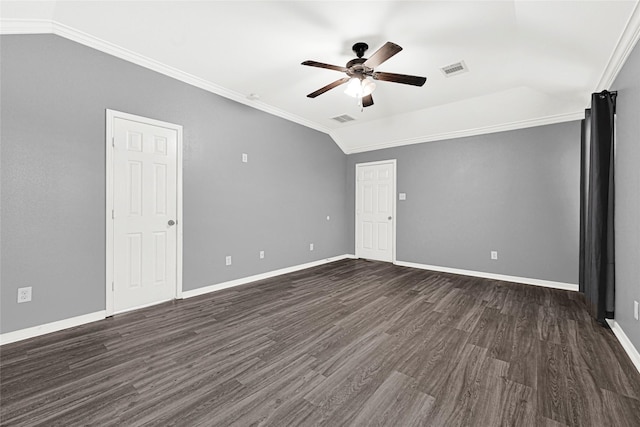 9002 Saint Laurent Ln, Houston, TX 77044 - unfurnished room with lofted ceiling, ceiling fan, dark wood-style floors, and crown molding