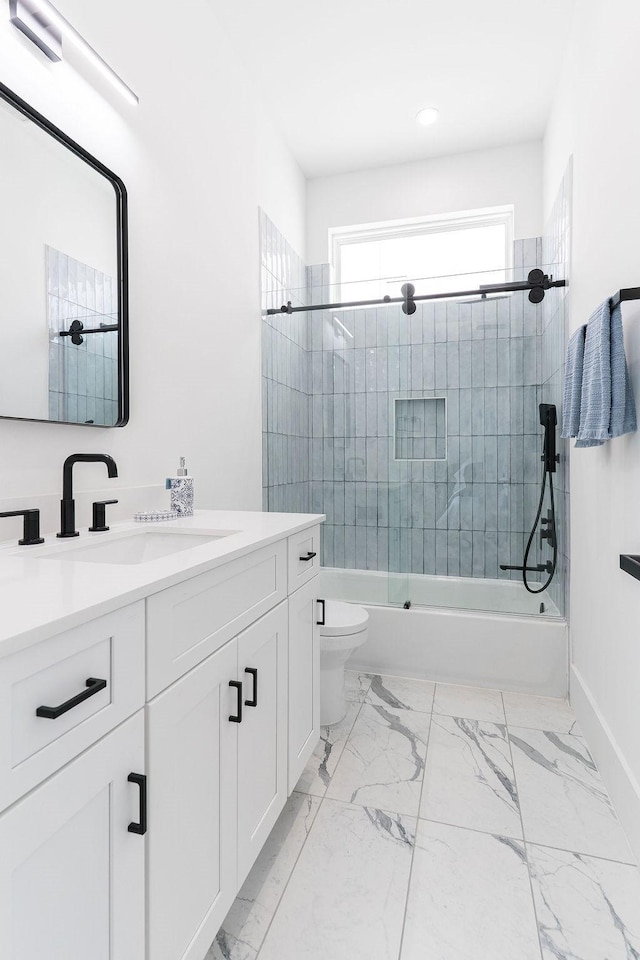 5703 Dolores St Unit A, Houston, TX 77057 - bathroom featuring vanity, shower / washtub combination, marble finish flooring, and recessed lighting