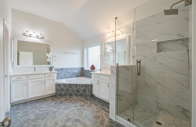 4639 Regal Shadow Ln, Sugar Land, TX 77479 - full bath featuring lofted ceiling, a marble finish shower, vanity, and a bath